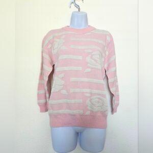 Vintage 90s Roses Pink White Crewneck Knit Sweater Granny Size XS